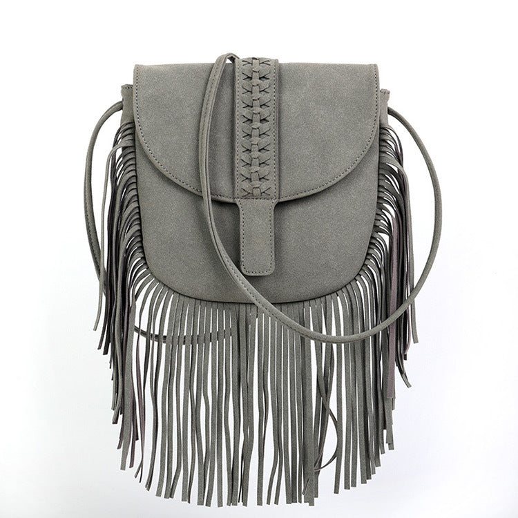 Wholesale Bohemian Covered Braided Half Circle Soft Leather Tassel Shoulder Crossbody Bag